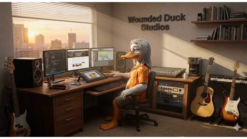 Wounded Duck Studios — a duck working at a creative studio desk